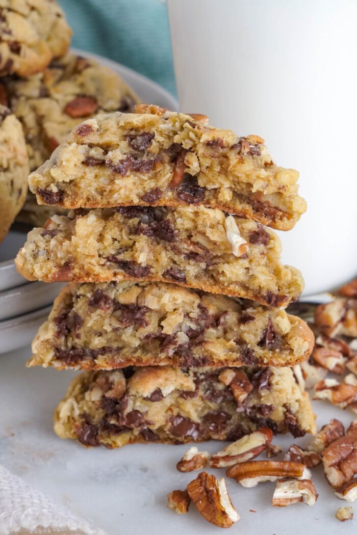 Chocolate Chip Oatmeal Cookies stacked and sliced
