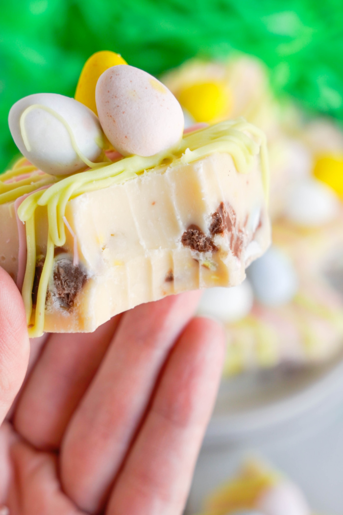 Easy Cadbury Egg Easter Fudge with bite taken out