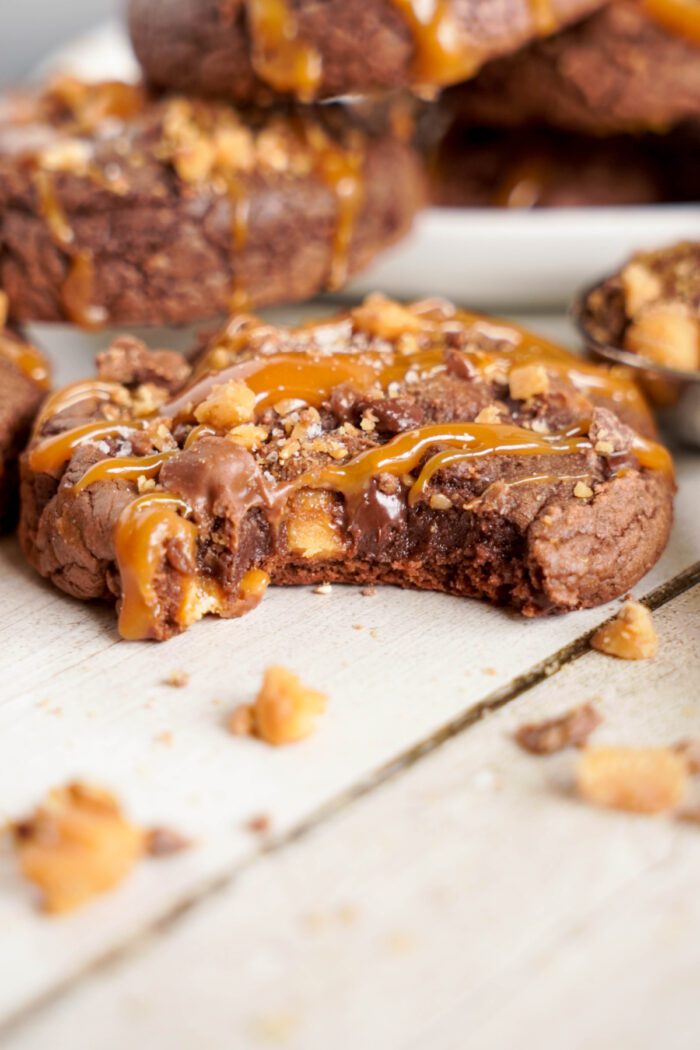 Caramel Toffee Brownie Cookie drizzled with caramel