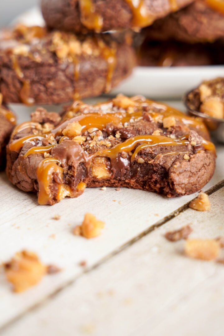 Caramel Toffee Brownie Cookie drizzled with caramel