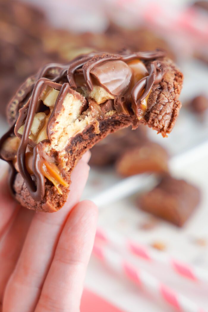 Chocolate Bar Cookies someone is holding with a bite taken out