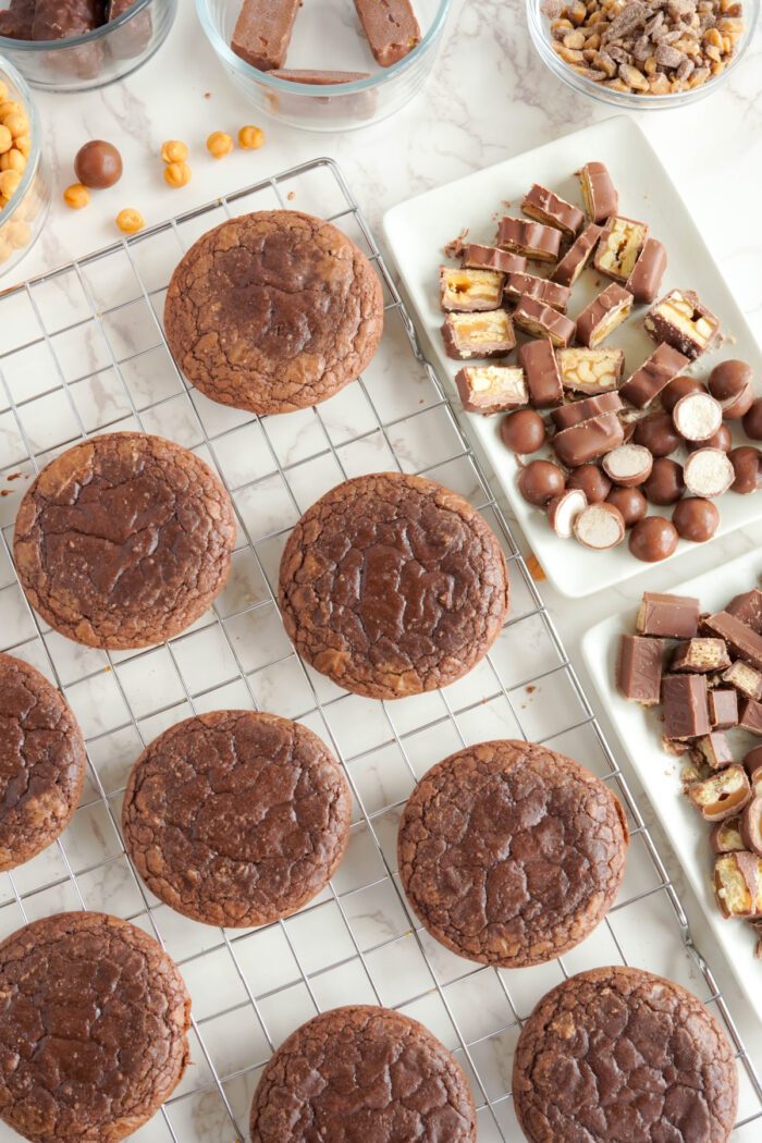 Candy Bar Brownie Cookies baked and cooling