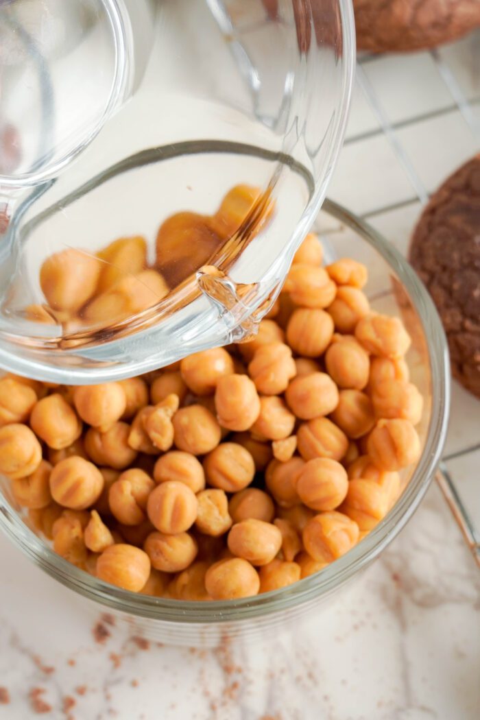 Candy Bar Brownie Cookies caramel bits in a bowl