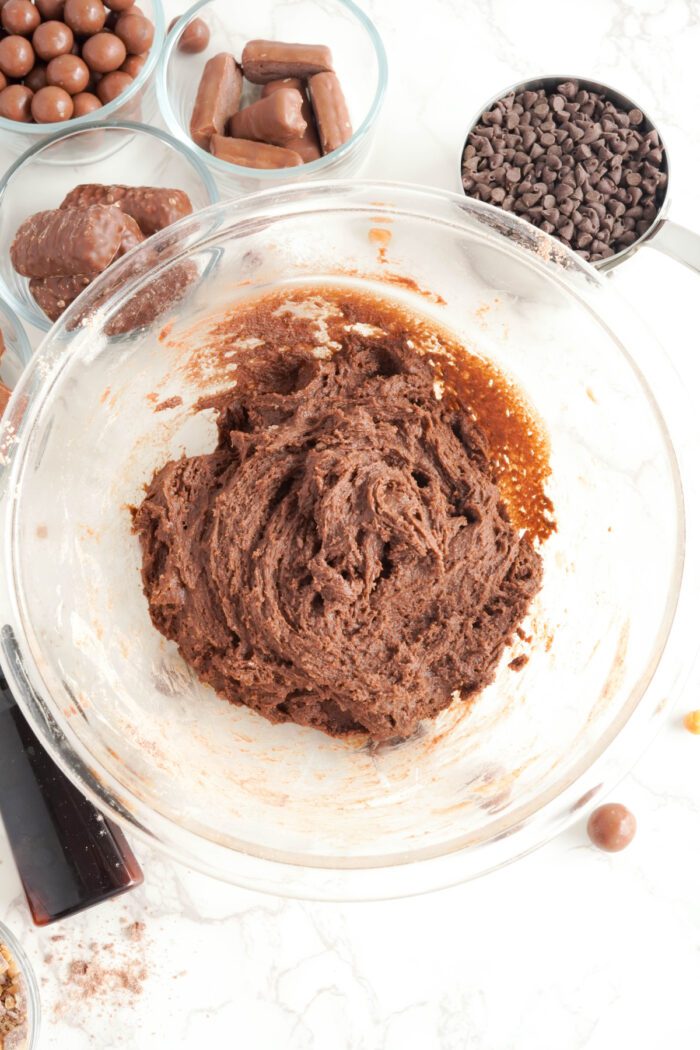 Candy Bar Brownie Cookies dough in bowl