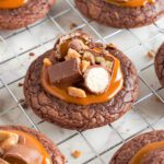 Candy Bar Brownie Cookies topped with chopped candy bars