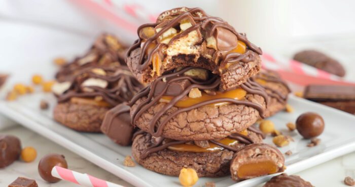 Candy Bar Cookies stacked on plate