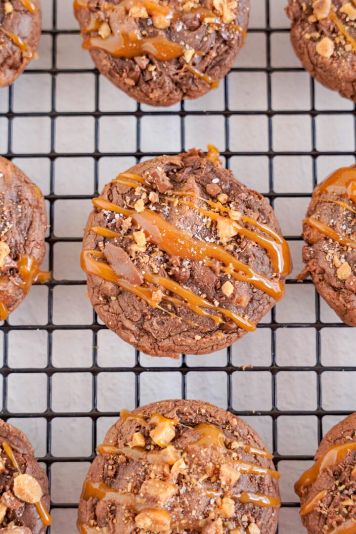 Caramel Brownie Toffee Cookies on cooling rack
