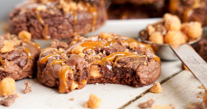 Caramel Toffee Brownie Mix Cookies topped with toffee