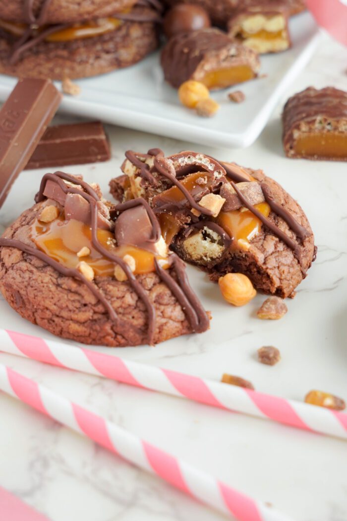 Candy Bar Cookies sliced in half on counter