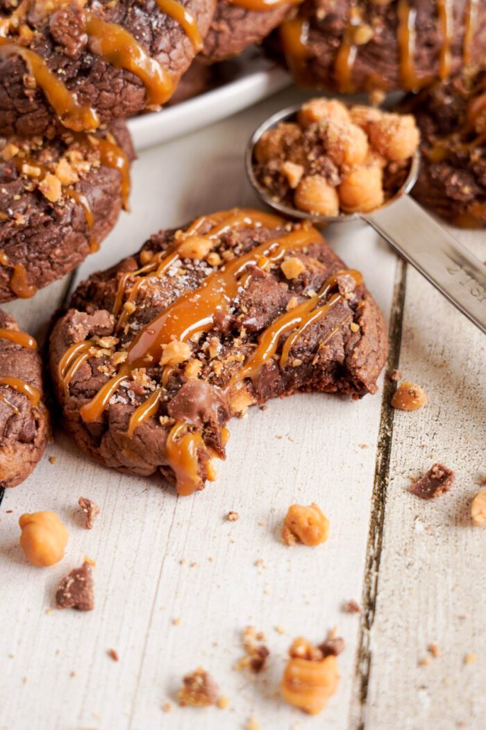 Easy Brownie Mix Cookies with a bite taken out