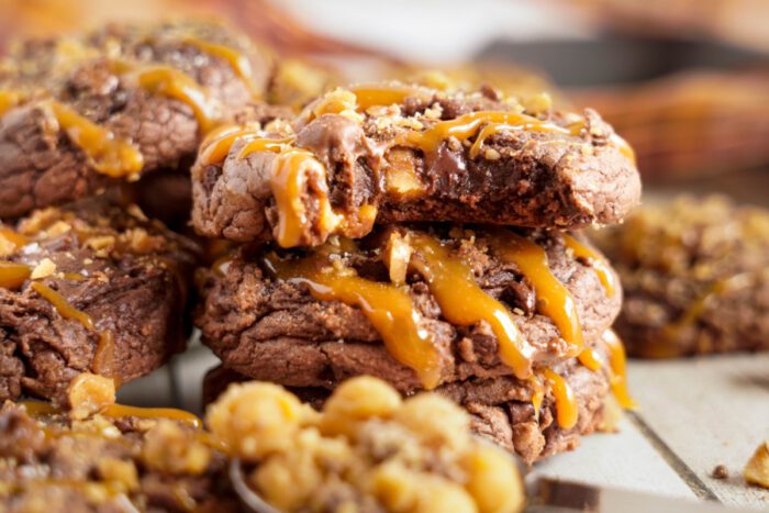 Salted Caramel Toffee Brownie Cookies stacked