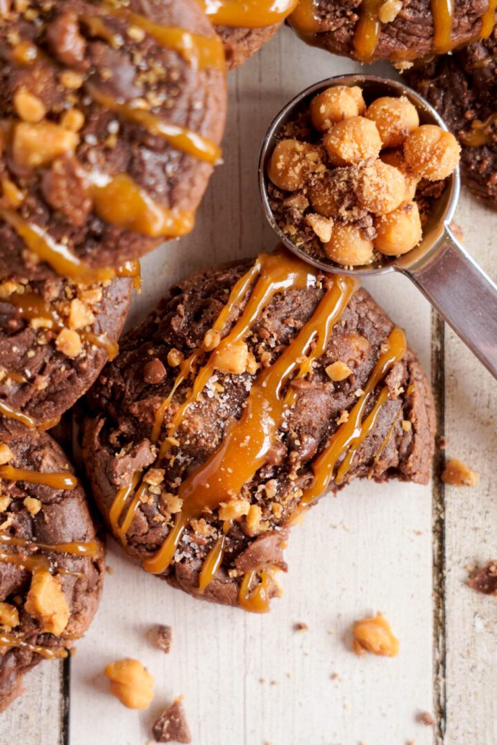 Salted Caramel Toffee Brownie Cookies with caramel bits and toffee