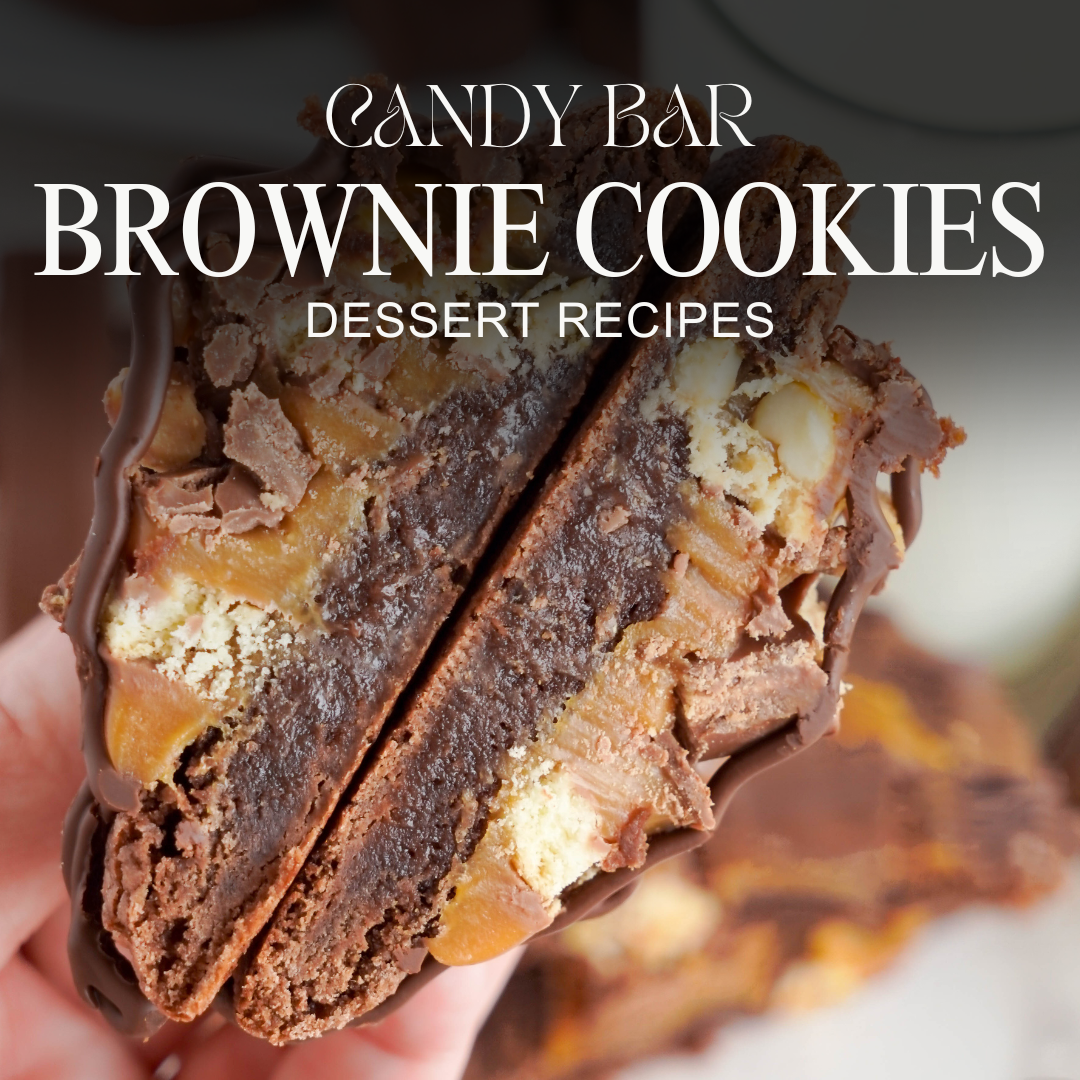 Close-up of two candy bar brownie mix cookies with layers of chocolate and caramel. Text overlay reads "Candy Bar Brownie Mix Cookies Dessert Recipes.