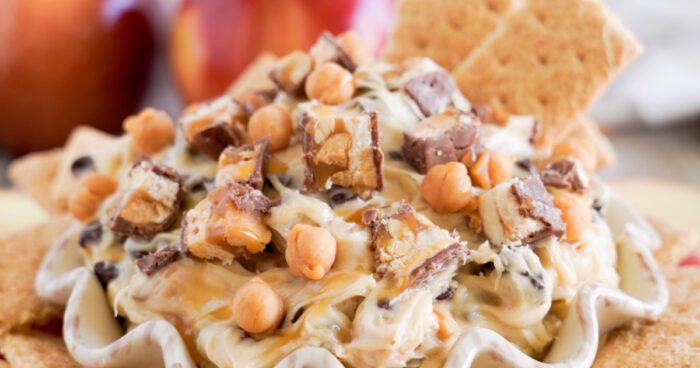 Best Snickers Caramel Apple Dip in a bowl