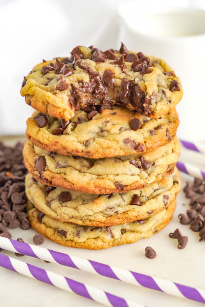 Easy Chocolate Chip Cookies stack of 5 cookies