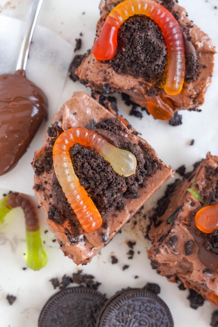 Easy Oreo Dirt Pudding Cheesecake Bars cut into squares