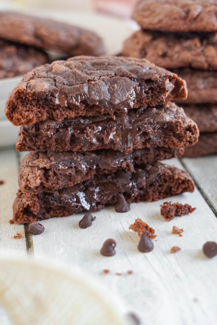 Easy Brownie Mix Cookies stacked and sliced in half