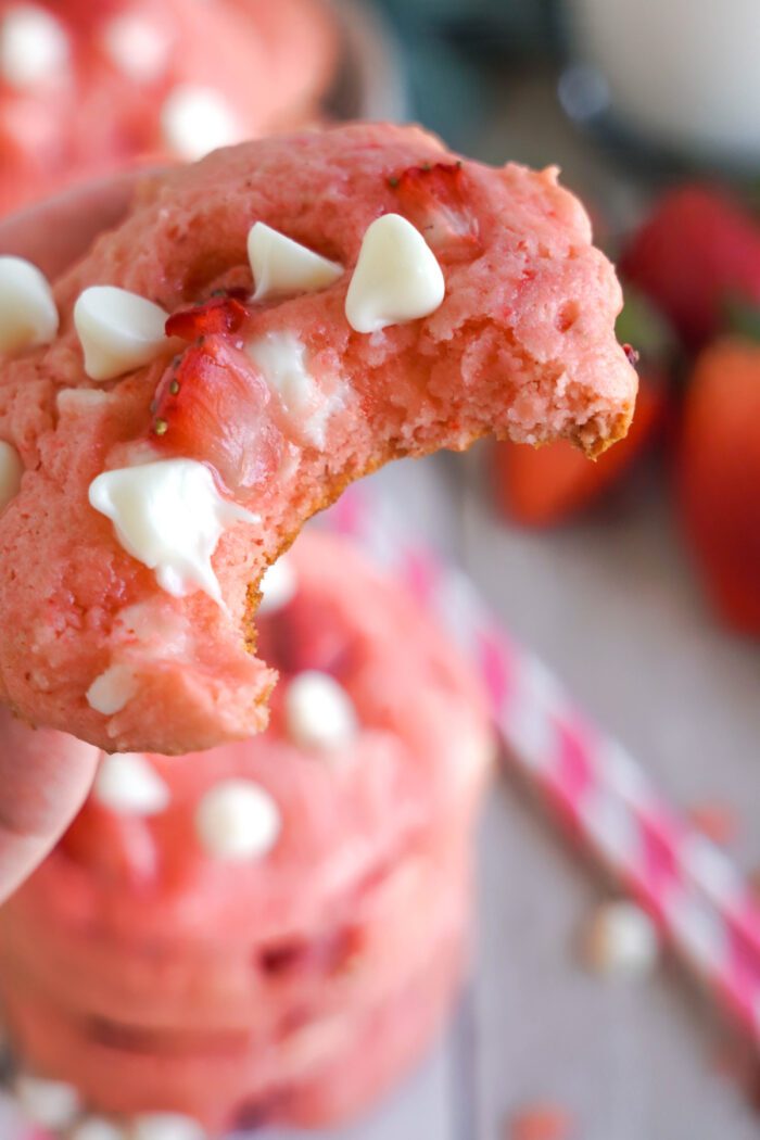 Strawberry Cake Mix Cookies with a bite taken out