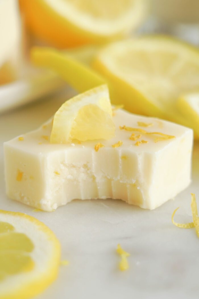 Easy Lemon Fudge with a bite taken out