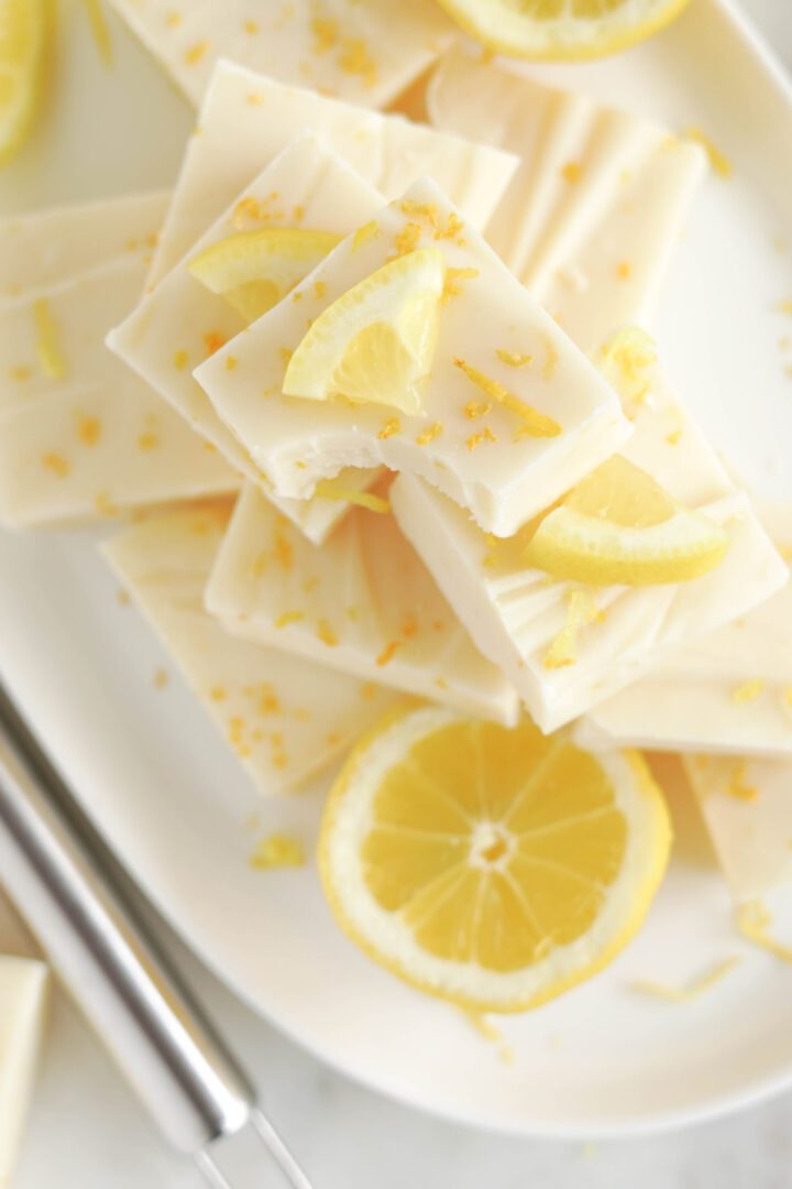 Easy Lemon Fudge piled on a plate