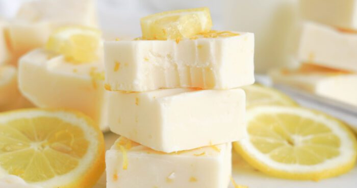 Lemon Fudge Recipe with fudge squares in a stack
