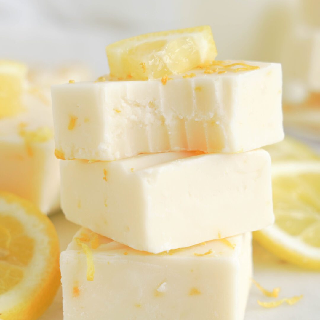 Easy Lemon Fudge squares in a stack
