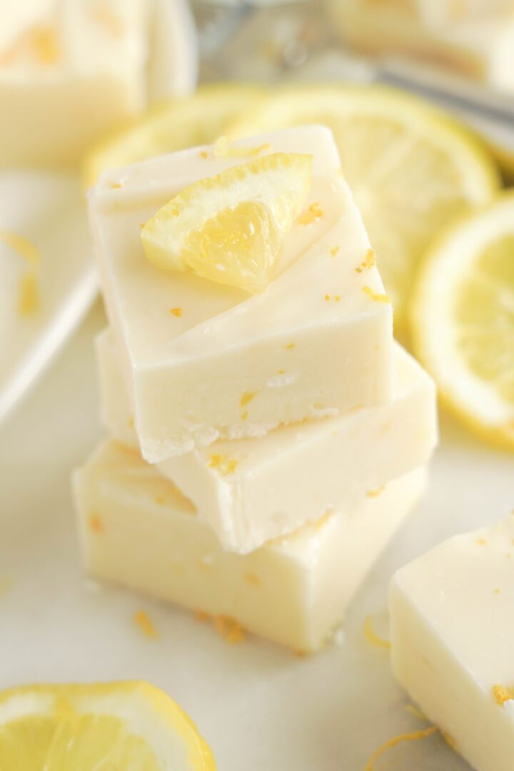 Best Fresh Lemon Fudge stacked with lemon slice on top