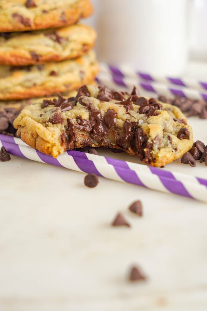 Thick and Chewy Chocolate Chip Cookie with a bite taken out