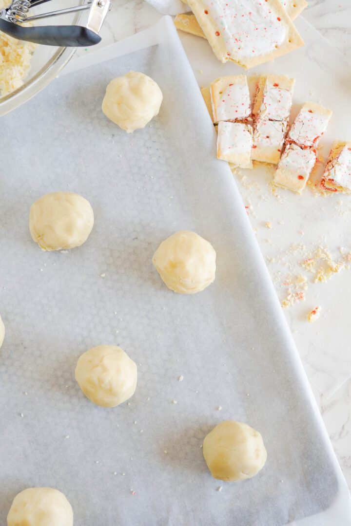 Pop Tart Cookie dough balls on baking sheet