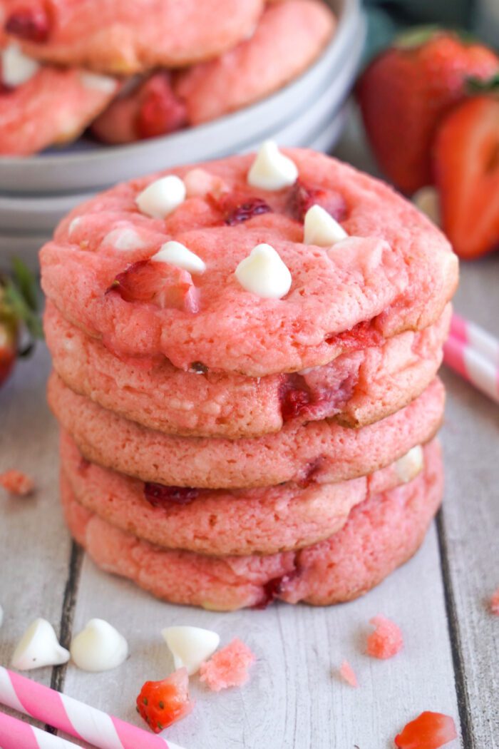 Strawberry White Chocolate Chip Cookies stacked with 5 cookies
