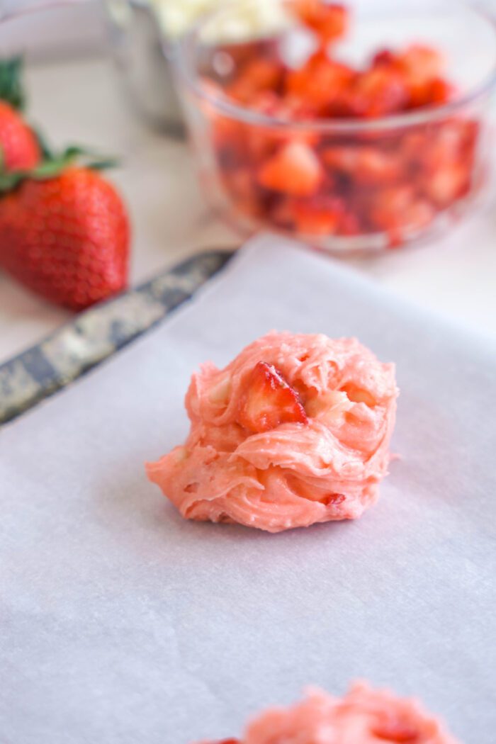 Strawberry Cake Mix Cookie dough balls on baking sheet