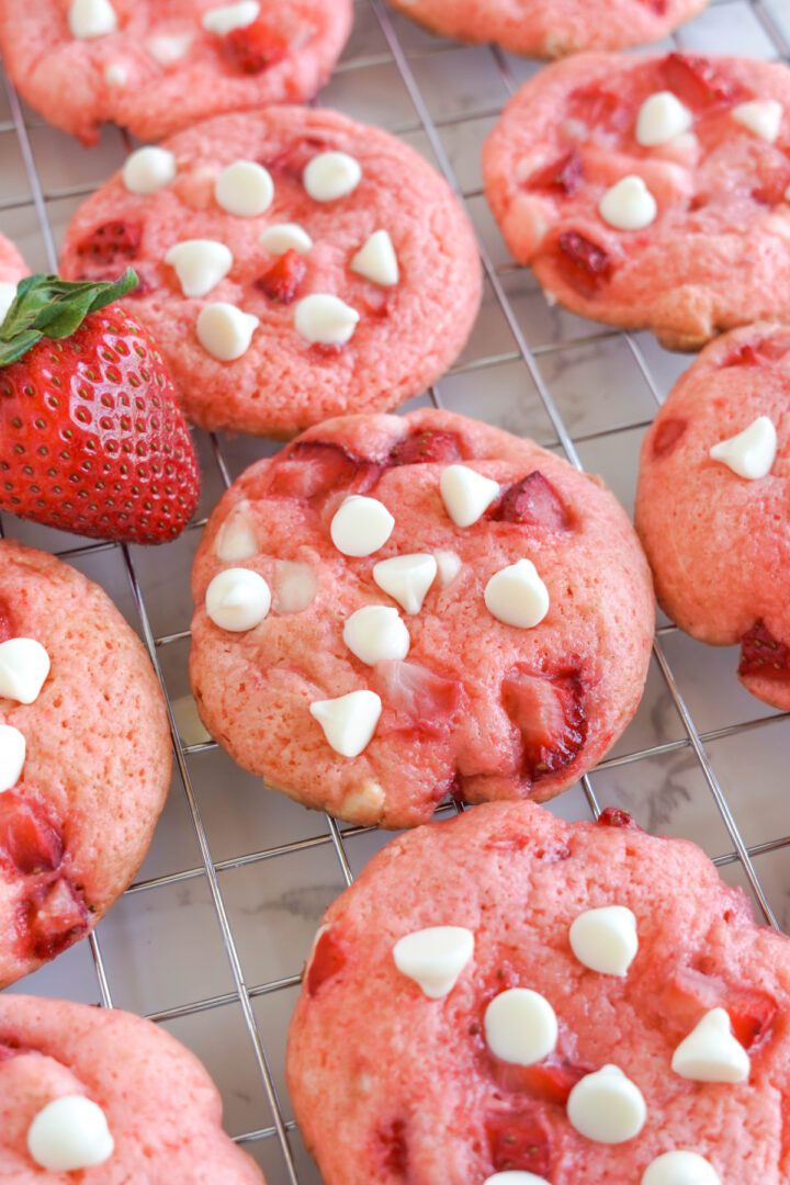 Strawberry Cake Mix Cookies cooling on cooling rack