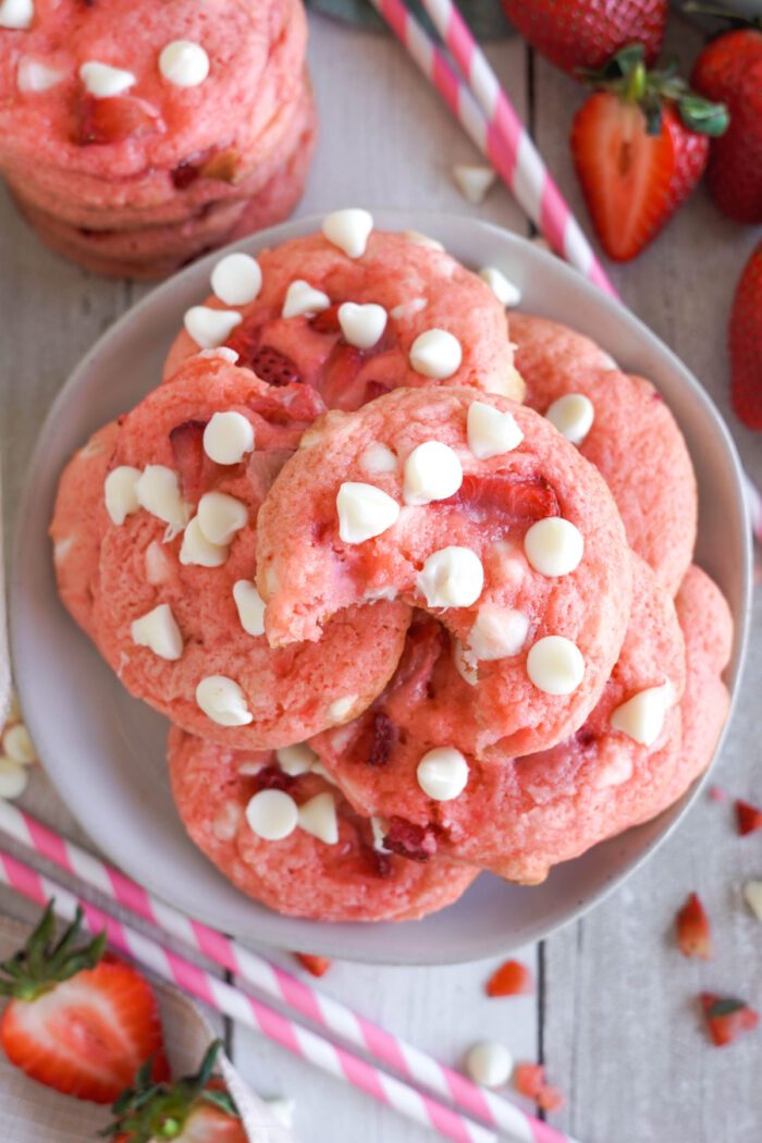 Strawberry Cake Mix Cookies on a plate