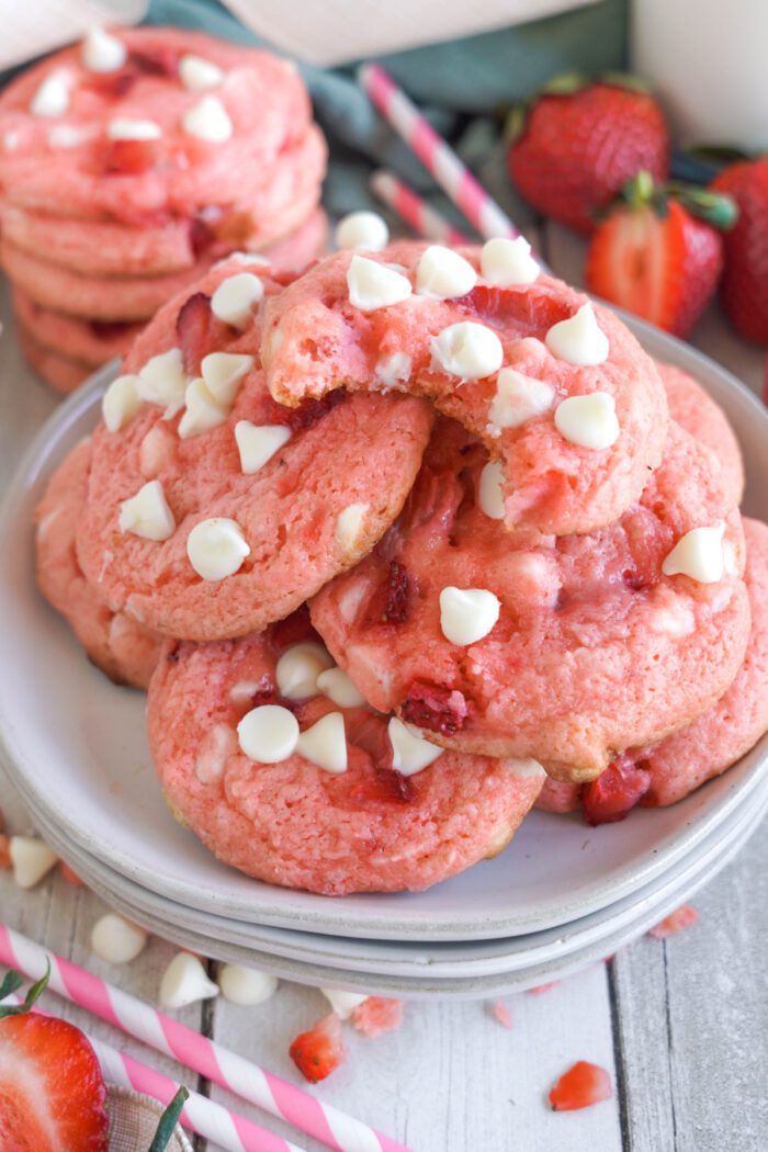 Strawberry White Chocolate Cake Mix Cookies on a plate