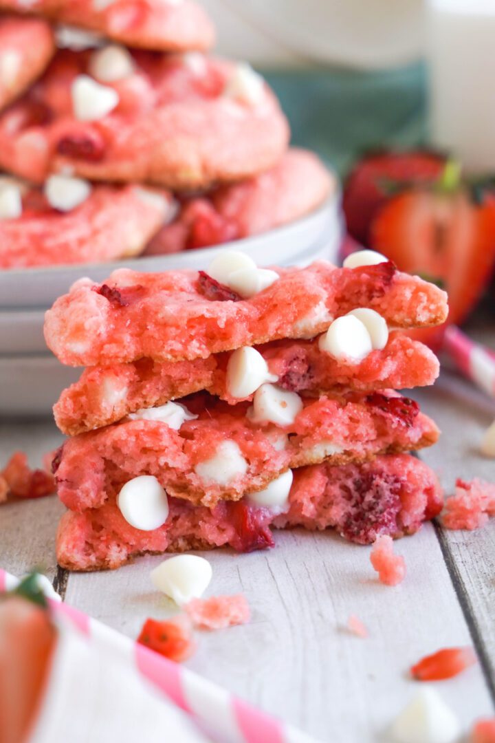 Strawberry Cake Mix Cookies stacked and sliced in half