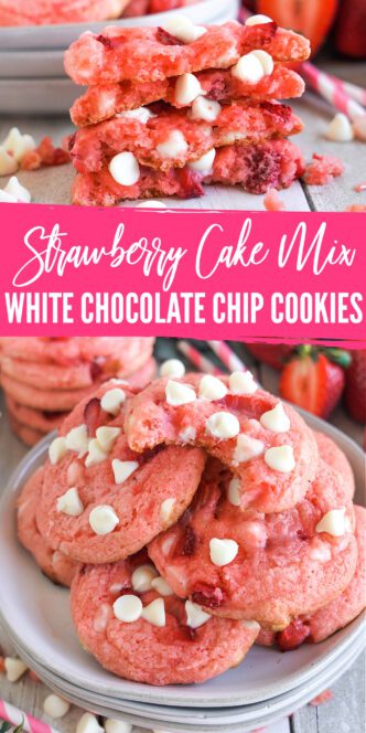 A stack of strawberry cake mix cookies with white chocolate chips.