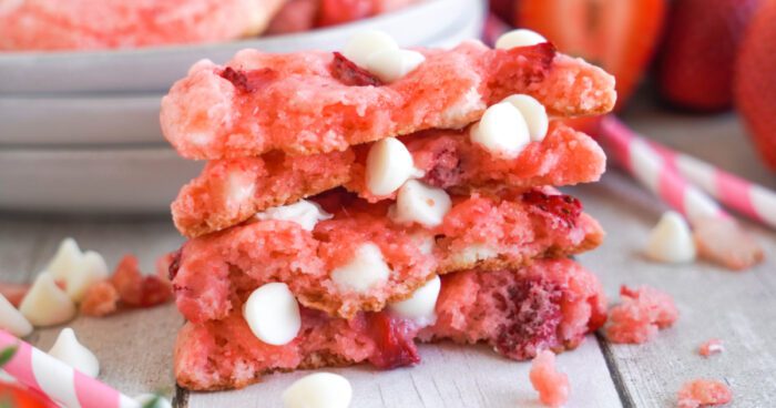 Strawberry White Chocolate Cake Mix Cookies sliced in half and stacked