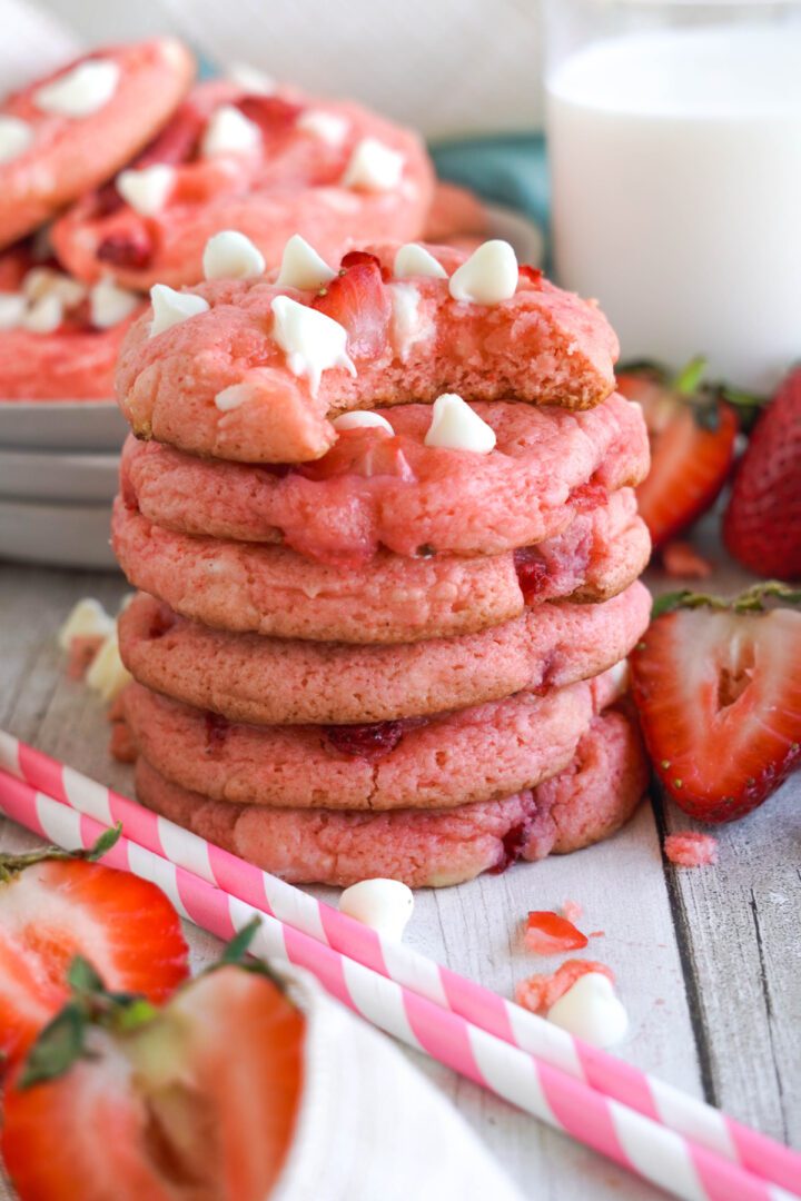Strawberry Cake Mix Cookies stacked with 6 cookies