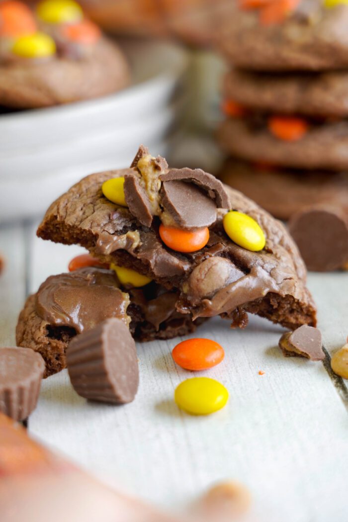 Reese's Brownie Mix Cookie broken in half