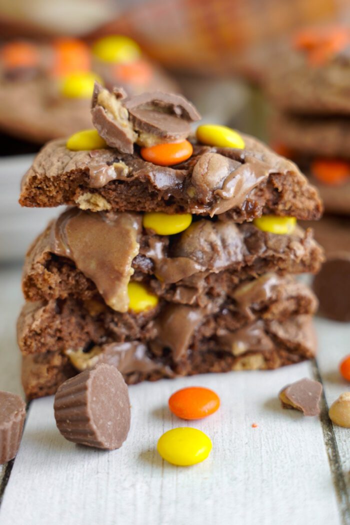 Reese's Brownie Mix Cookies stacked and sliced in half