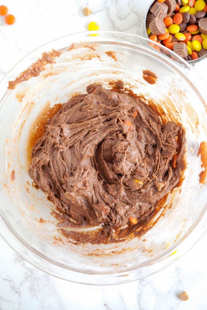 Reese's Brownie Mix Cookie batter in bowl