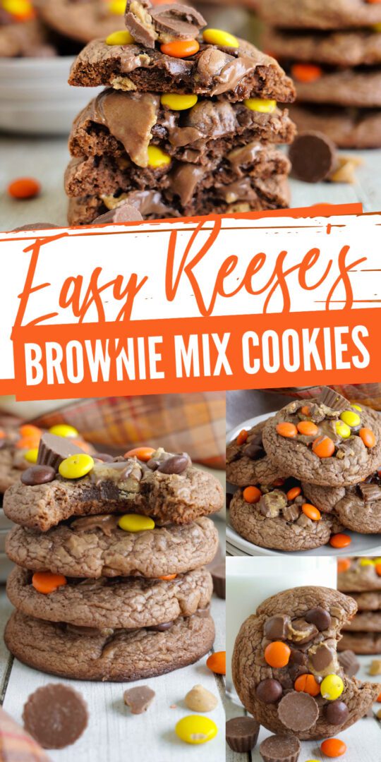 Reese's Brownie Mix Cookies stacked and with bites taken out