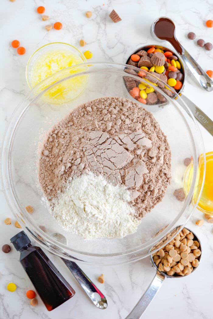 Reese's Brownie Mix Cookies brownie mix and flour in bowl