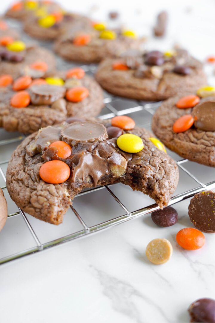 Reese's Brownie Mix Cookies on cooling rack