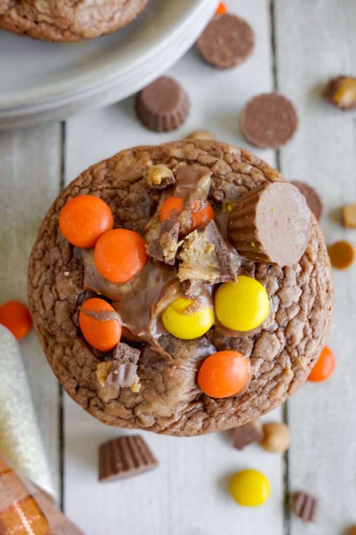 Reese's Brownie Mix Cookie with chocolate and peanut butter toppings sprinkled everywhere
