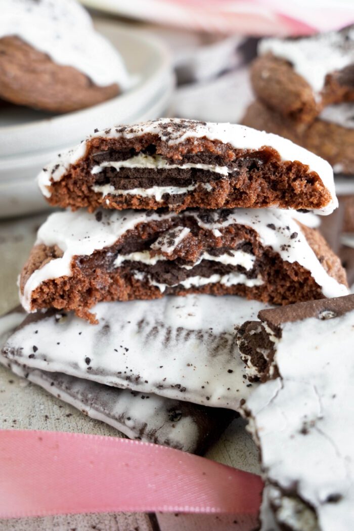 Cookies and Creme Pop Tart Cookies broken in half and stacked