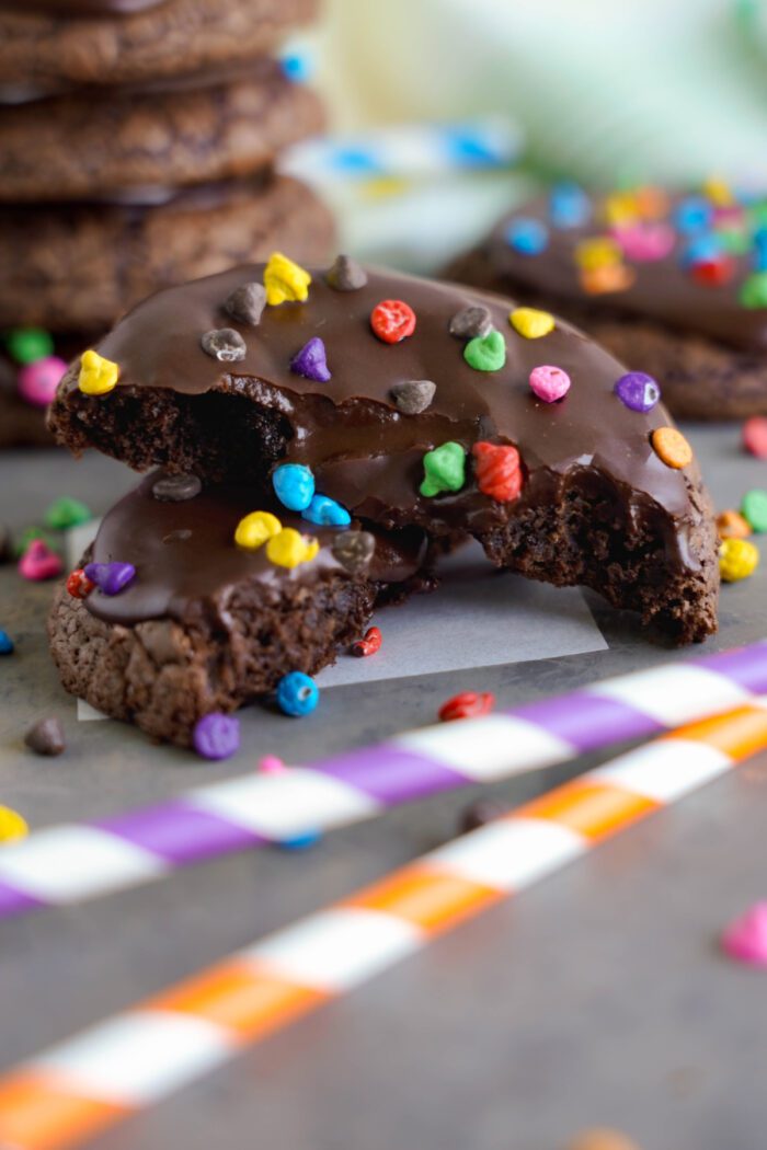 Homemade Cosmic Brownies broken in half and propped up