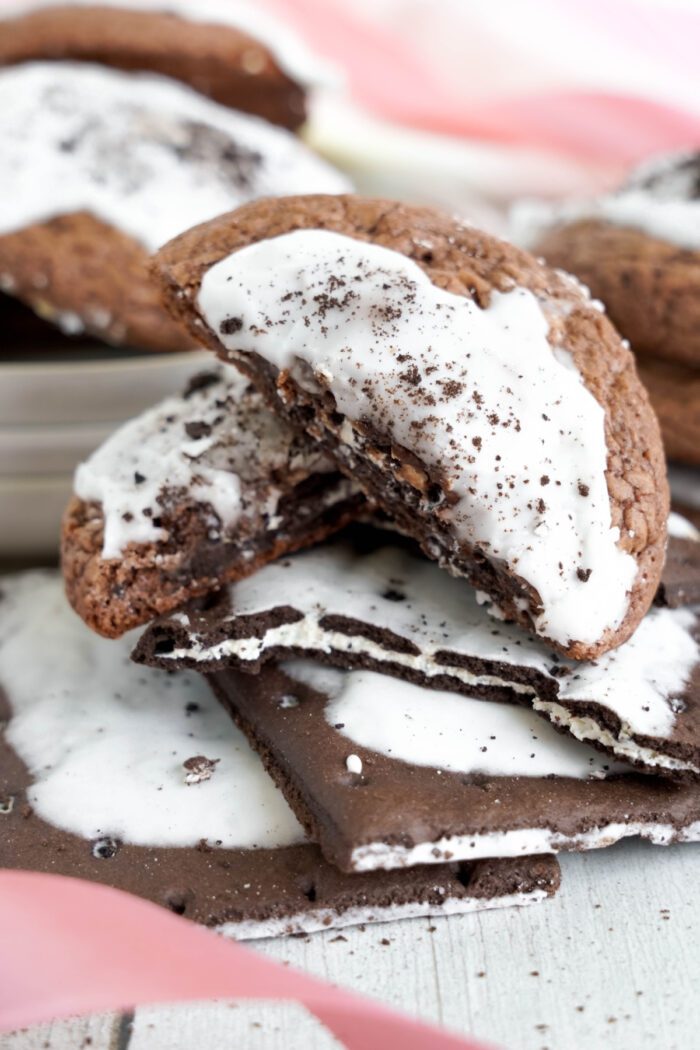 Chocolate Pop Tart Cookie broken in half and propped on itself