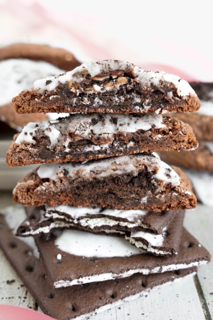 Chocolate Pop Tart Cookies sliced in half and stacked