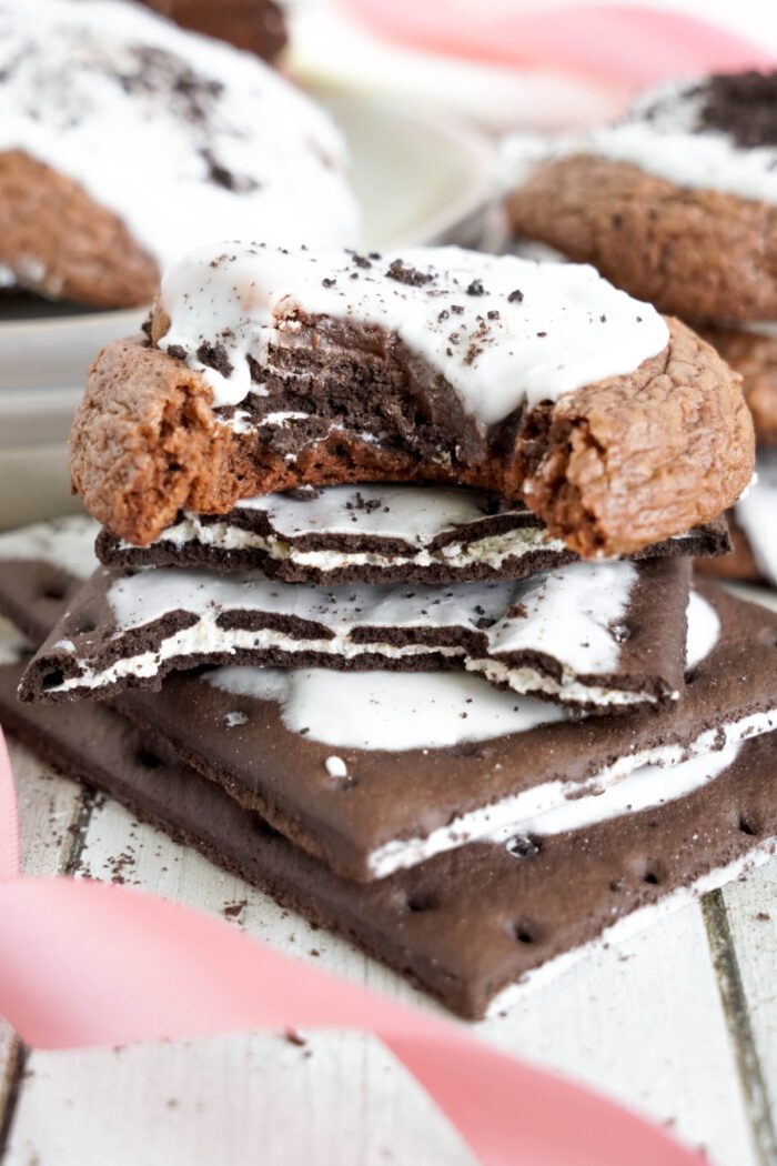 Chocolate Pop Tart Cookie stacked on top of several Pop Tarts